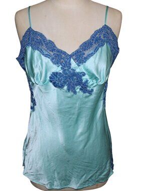 Vintage LUX Luxury Lingerie 100% Silk Lace Camisole Cami Top Light Aqua Blue Y2K